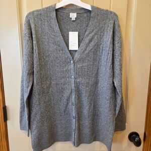 Cable Knit Cardigan Sweater Gray Size Large Recycled Poly V-Neck Buttons